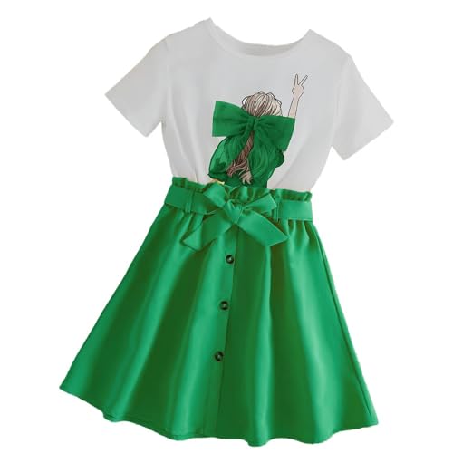 Wholesale Girls Skirt Set White T-Shirt with Green Bow Pleated Skirt Two-Piece Skirt Set 8-12 Years