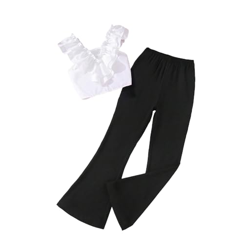 Wholesale Girl's Summer 2 Piece Outfits Ruffled Edge V-Neck Crop Top and Elastic Waist Flared Pants 8-12 Years