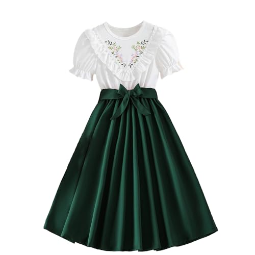 Wholesale Girls' Dress, White Round Neck Bubble Sleeve Dress with Green Stitching Ribbon Pleated Skirt 8-12 Years