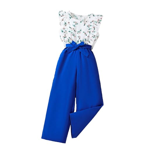 Wholesale Girl's Summer Ruffle Edge Sleeveless Floral Print Top and Blue Casual Pants 2 Piece Outfits Set 8-12 Years