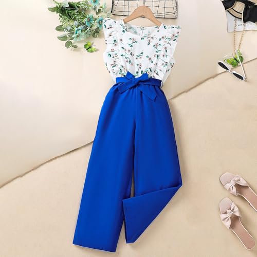 Wholesale Girls' Summer 2 Piece Outfit Pants kit, Ruffle Edge Tight Sleeveless V-neck Top and Blue Rose Printed Pleated Wide Leg Pants