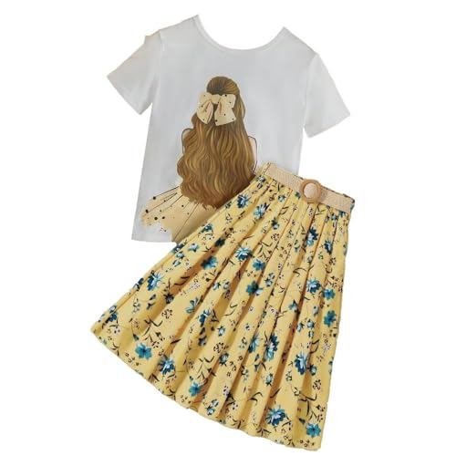 Wholesale Girl's 2 Pieces Outfits - White Character Print T-shirt Top and Yellow Floral Pleated Skirt Set 8-12 Years