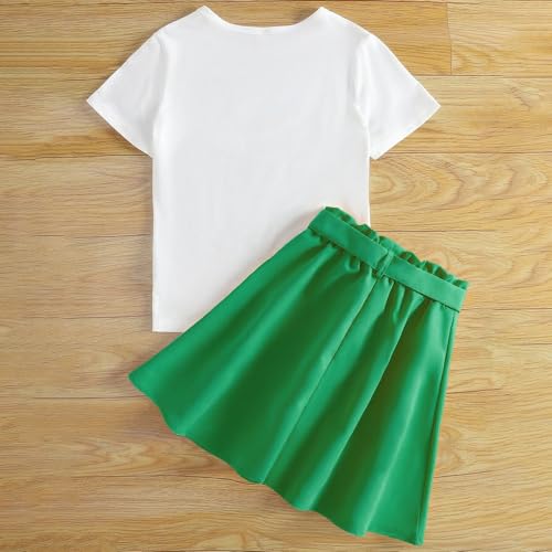 Wholesale Girls Skirt Set White T-Shirt with Green Bow Pleated Skirt Two-Piece Skirt Set 8-12 Years