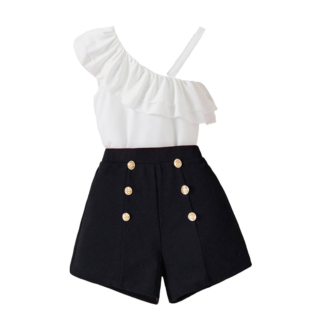 Wholesale Girls' Summer 2 Piece Shorts Set Ruffle Edge Off Shoulder Sleeveless T-shirt and Folded Hem Button Shorts Outfits Set