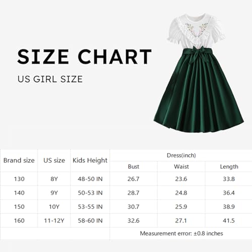 Wholesale Girls' Dress, White Round Neck Bubble Sleeve Dress with Green Stitching Ribbon Pleated Skirt 8-12 Years