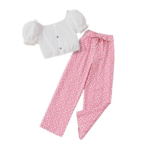 Wholesale Girls' Summer Outfit Bubble Sleeve Top and Petals Printed Pants 2 Piece Casual Clothing Set 8-12 Years