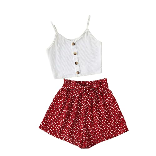 Wholesale Girl's Summer 2 Piece Outfits Cami Crop Top Spaghetti Strap Tank Top and White Farpoint Print Red Shorts 8-12 Years