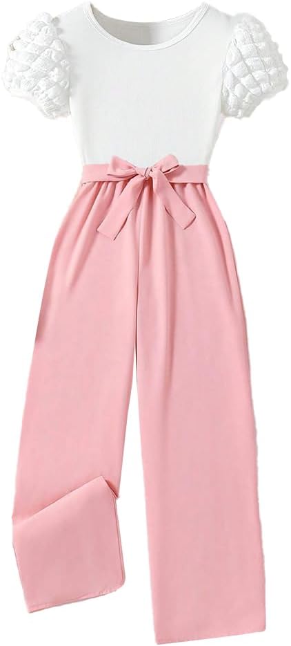 Wholesale Girls' Summer 2 Piece Outfit Pants kit,  White Bubble Sleeve Top and Pink Casual Belt Pants Clothing Set 8-12Years