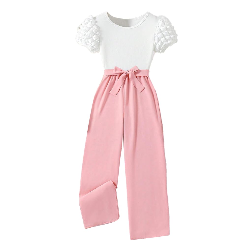 Wholesale Girls' Casual Pants Sets White Bubble Sleeve Top and Pink Pants 2 Piece Spring Summer Outfits for 7-13 Years