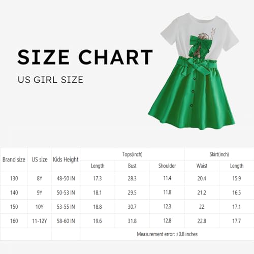 Wholesale Girls Skirt Set White T-Shirt with Green Bow Pleated Skirt Two-Piece Skirt Set 8-12 Years