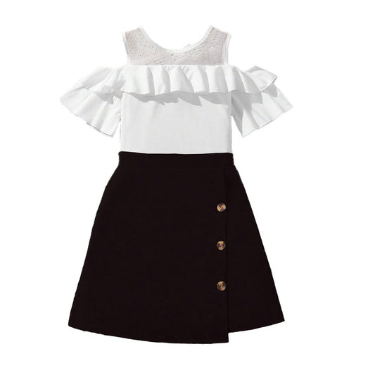 Wholesale Girls' Suit Ruffle Off-the-Shoulder White Short Sleeve Tops Irregular Black Short Skirt Two-Piece Set 7-13 Years