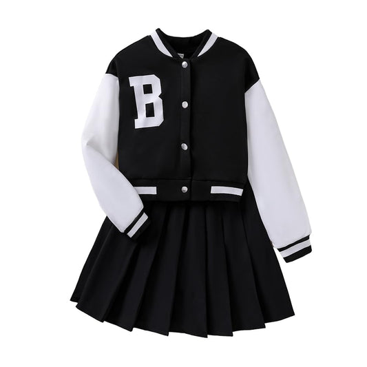 Wholesale Girls 2 Piece Outfit Charming Letter B Print Jacket & Pleated Skirt Set, Casual Preppy Style Skirt set 8-10 Years