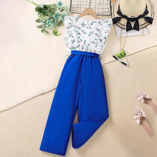 Wholesale Girl's Summer Ruffle Edge Sleeveless Floral Print Top and Blue Casual Pants 2 Piece Outfits Set 8-12 Years