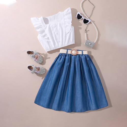 Wholesale Girls' 2 Piece outfit, Summer dress, Square Neckline Ruffle White Sleeveless Top and Blue Demin Skirt 8-12 years