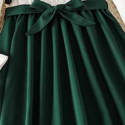 Wholesale Girls' Dress, White Round Neck Bubble Sleeve Dress with Green Stitching Ribbon Pleated Skirt 8-12 Years