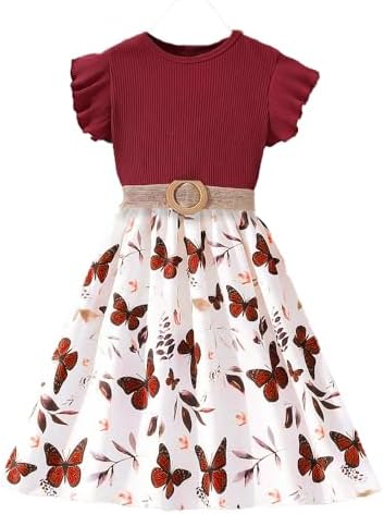 Wholesale Girls' Dress, Round Neck Floral Cuffs A-line Long Dress Butterfly Print Dress Female Children's Dress 8-12 Years