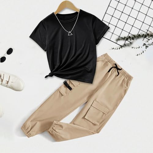 Wholesale Girls' Summer 2 Piece Outfit Pants kit, Round Neck Short-Sleeve Knot T-shirt and Khaki Drawstring Work Pants 2 Pockets