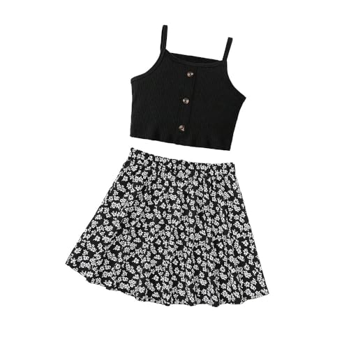 Wholesale Girls' 2 Piece Outfits Summer Black Suspender Top with Floral Knee Length Skirt 8-12 Years