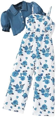 Wholesale Girl's 2 Piece Outfits Puff Sleeves Shirt Crop Top and Blue Rose Print Wide Leg Pants Jumpsuit Set 8-12 Years