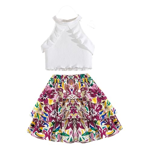 Wholesale Girls' Dress, Sleeveless Lace White Top Printed Cake Skirt Small Skirt Girls Big Kids Two-piece Set 8-12 Years