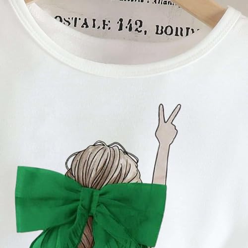 Wholesale Girls Skirt Set White T-Shirt with Green Bow Pleated Skirt Two-Piece Skirt Set 8-12 Years