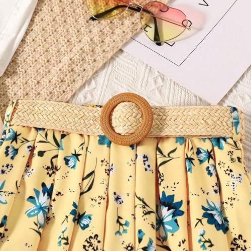 Wholesale Girl's 2 Pieces Outfits - White Character Print T-shirt Top and Yellow Floral Pleated Skirt Set 8-12 Years