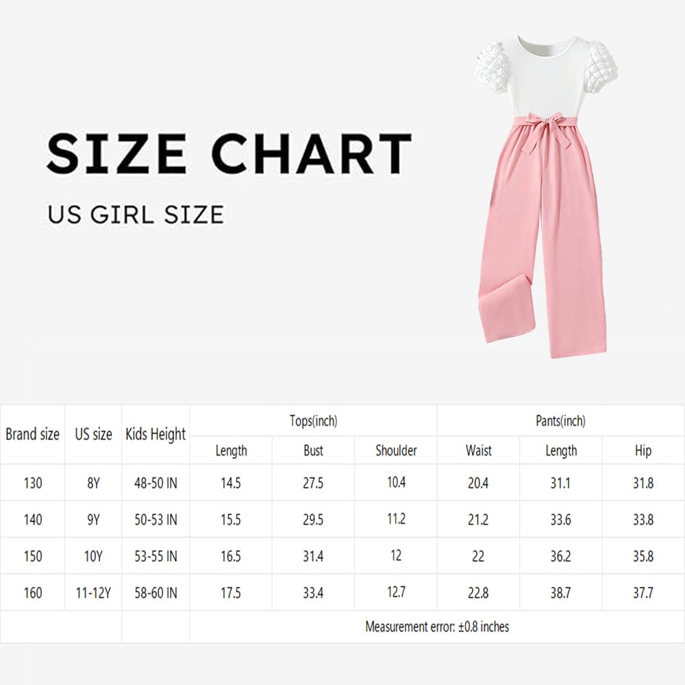 Wholesale Girls' Summer 2 Piece Outfit Pants kit,  White Bubble Sleeve Top and Pink Casual Belt Pants Clothing Set 8-12Years