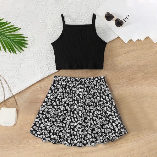 Wholesale Girls' 2 Piece Outfits Summer Black Suspender Top with Floral Knee Length Skirt 8-12 Years