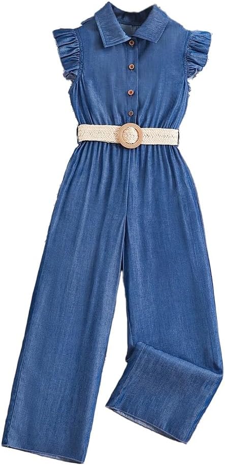 Wholesale Girls' Casual Denim Overall Jumpsuits Sleeveless Collared Neck Wide Leg Pants Jumpers with Belt 7-13 Years