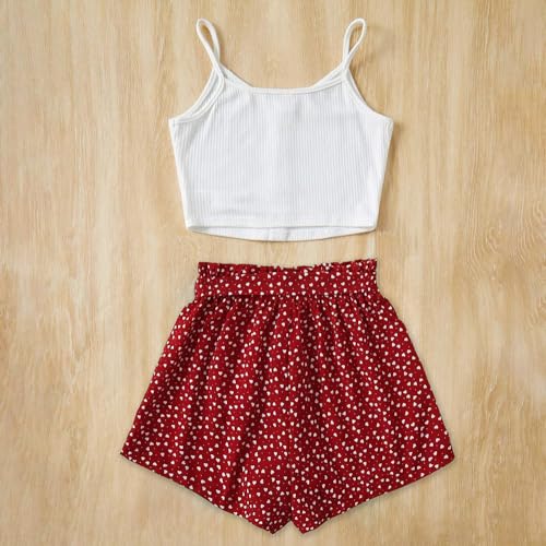 Wholesale Girl's Summer 2 Piece Outfits Cami Crop Top Spaghetti Strap Tank Top and White Farpoint Print Red Shorts 8-12 Years