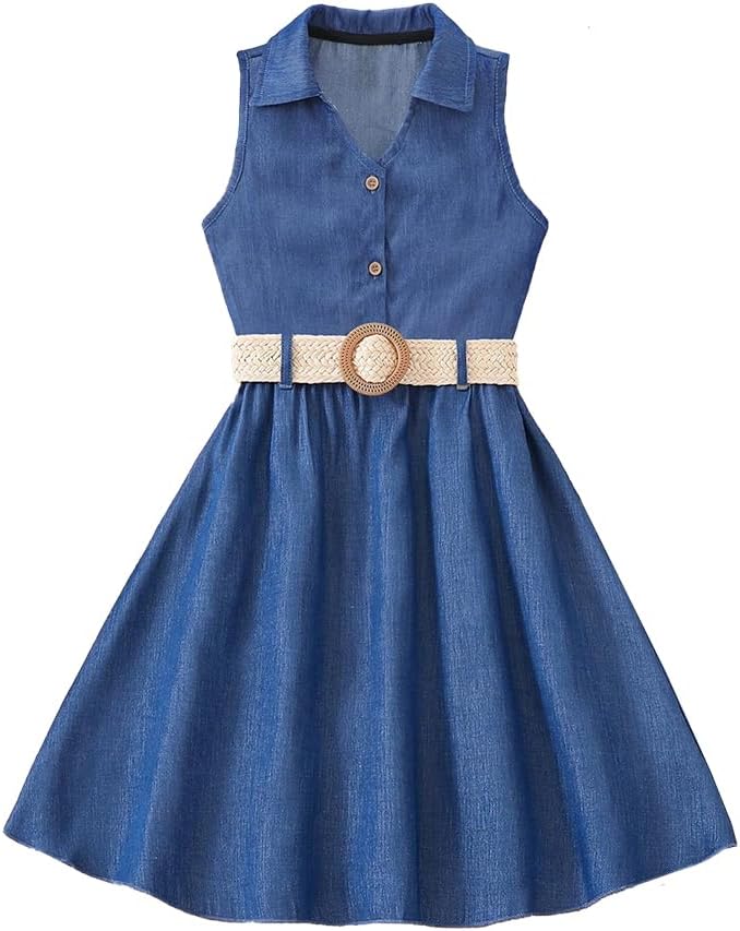 Wholesale Girl's Summer Dress Blue Sleeveless Skirt Casual Dress, Pleated Dress, Denim Skirt 8-12 Years