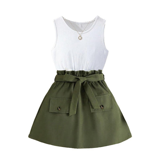 Wholesale Girls' 2 Piece Skirt Sets Sleeveless White Top Green Skirt Girls Casual Summer Skirt Sets for 7-13 Years