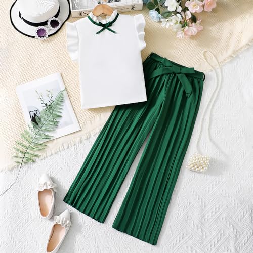 Wholesale Girls' Summer 2 Piece Outfit Pants kit, Reffle Edge Sleeveless T-Shirt and Elastic Waist Pleated Wide Leg Pants 8-12 Years