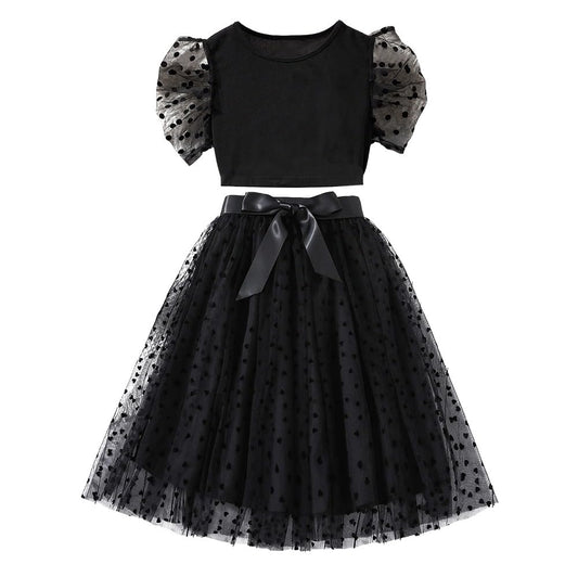 Wholesale Girls' Skirt Set Black Mesh Dress with Puff Sleeve & Double Mesh Princess Skirt Sets 7-13 Years