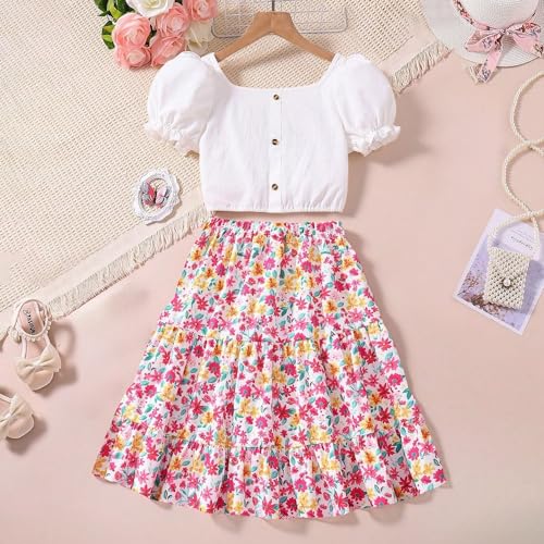 Wholesale Girls 2 Piece Outfit White Bubble Lace Sleeve Top Fragmented Flower Print Skirt Two Piece Set 8-12 Years