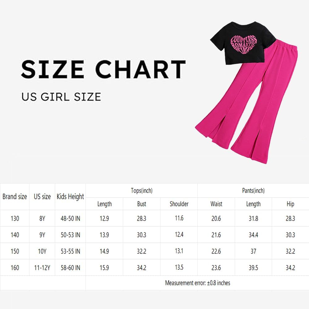 Wholesale Girls' Summer 2 Piece Outfit Pants kit, Heart Pattern T-shirt and Split Hem Flared Pants Clothing Set Size 8-12 Years