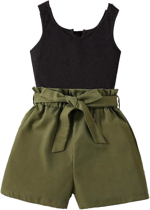 Wholesale Girls 2 Piece Casual Outfit Black Round Neck Tank Top with Paper Bag Waist Army Green Shorts Set 8-12 Years