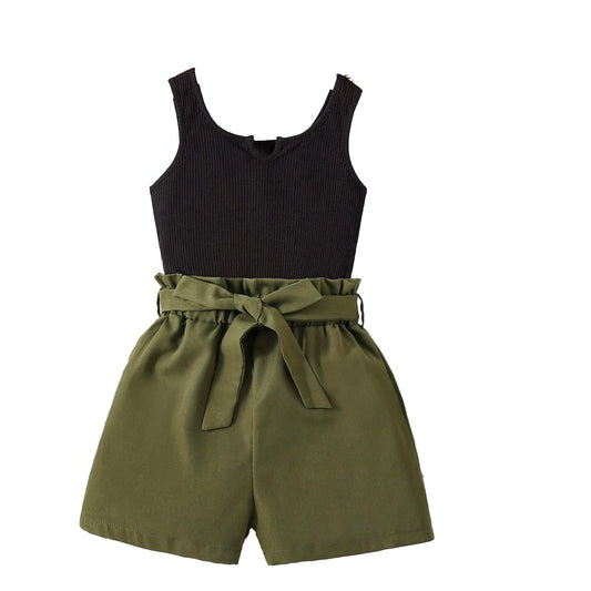 Wholesale Girls Casual Black Crop Tank Top with Paperbag Waist Army Green Summer Shorts 2 Piece Outfits Set 7-13 Years