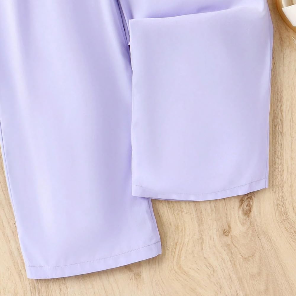 Wholesale Girls' Dress, Summer 2 Pcs Outfit Butterfly Pattern Print T-Shirt Sleeve Shorts and Purple Button Up Loose Pants 8-12 Years