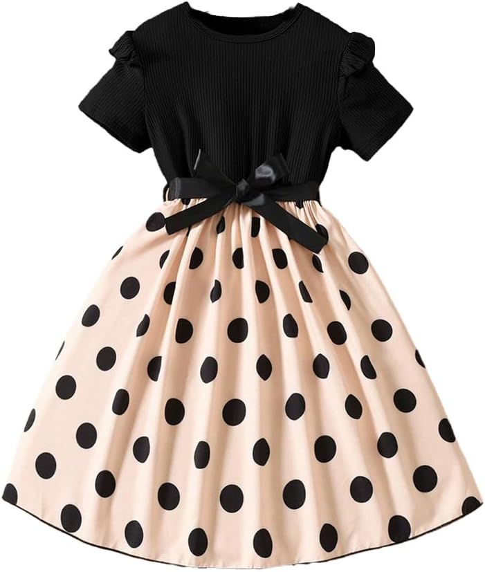 Wholesale Girls' Summer Short Sleeved Dress, Polka dot Print Dress, Black Dress for 8-12 Years