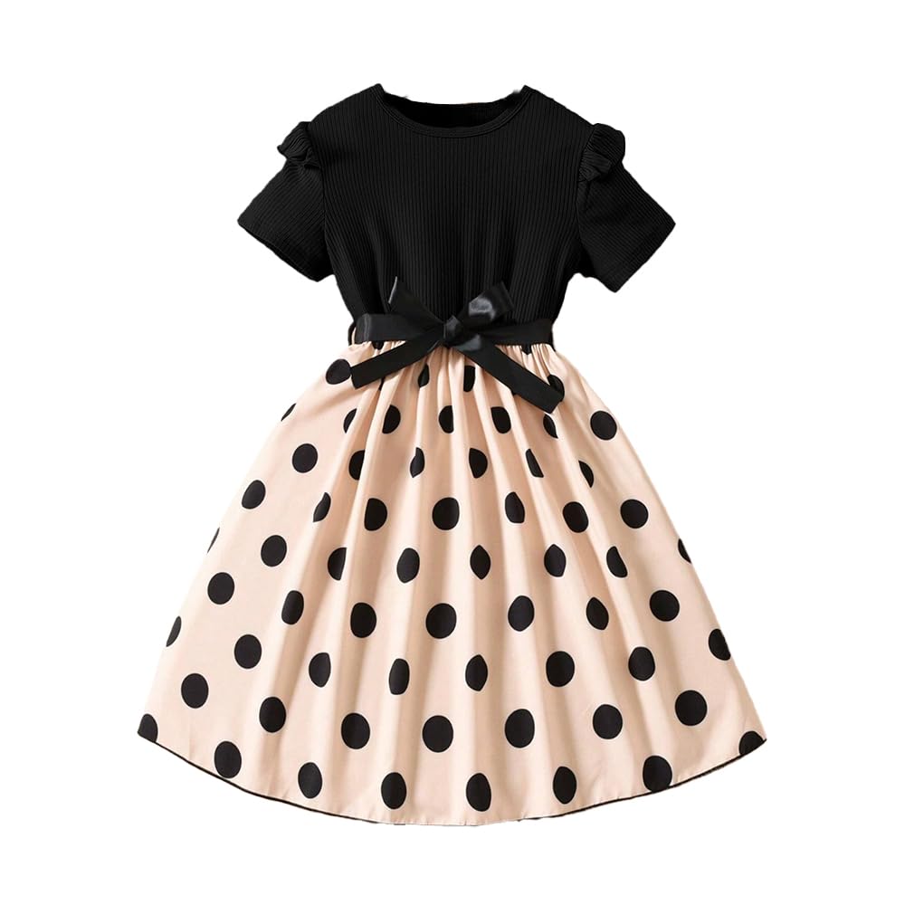 Wholesale Girls' Summer Short Sleeved Dress, Polka dot Print Dress, Black Dress for 8-12 Years