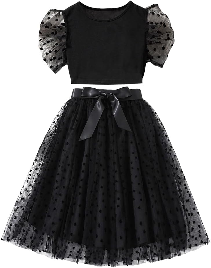 Wholesale Big Girl Skirt Set: Black Mesh Dress with Puff Sleeve & Double Mesh Skirt - Princess Dress 8-12 Years