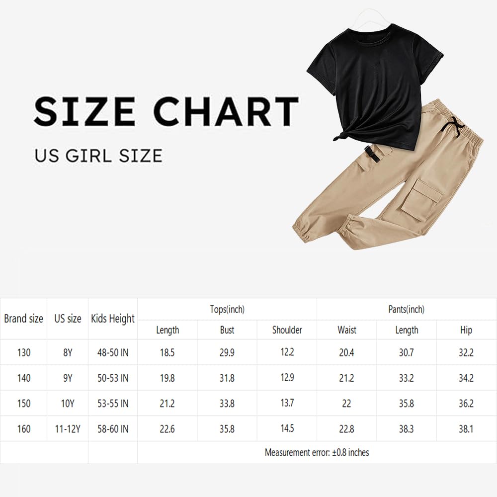 Wholesale Girls' Summer 2 Piece Outfit Pants kit, Round Neck Short-Sleeve Knot T-shirt and Khaki Drawstring Work Pants 2 Pockets