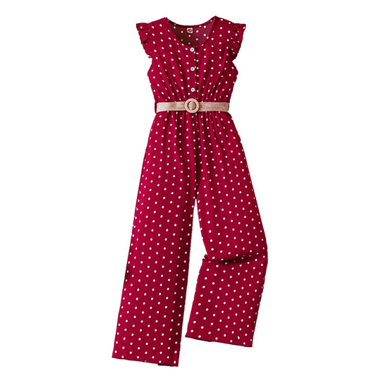 Wholesale Girls' Casual Ruffle Edge Sleeveless Polka Dot Jumpsuit Fashion Cap Sleeve Belted Wide Leg Romper 1 Piece Outfits Set