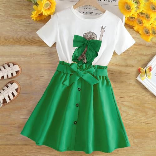 Wholesale Girls Skirt Set White T-Shirt with Green Bow Pleated Skirt Two-Piece Skirt Set 8-12 Years