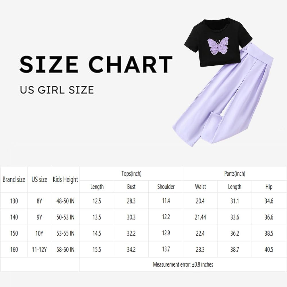 Wholesale Girls' Dress, Summer 2 Pcs Outfit Butterfly Pattern Print T-Shirt Sleeve Shorts and Purple Button Up Loose Pants 8-12 Years