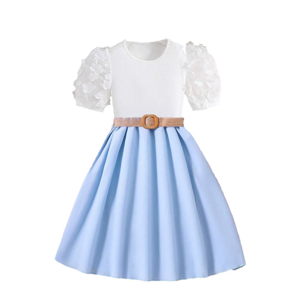 Wholesale Girls' Dress White Flower Gauze Sleeves Round Neck Light Blue Dress Girl Child Skirt Girls Party Outfit 7-13 Years