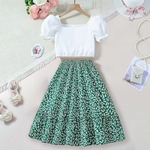 Wholesale Girls' Two Piece Outfit, White Puff Sleeve Short Top, GreenFloral Ruffle Skirt Set 8-12 Years