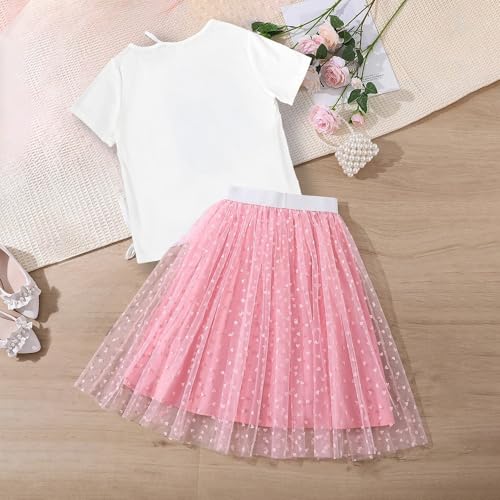 Wholesale Girl's 2 Piece Outfit White Pinted Shirt and Pink Overlay Mesh Skirt Set 8-12 Years