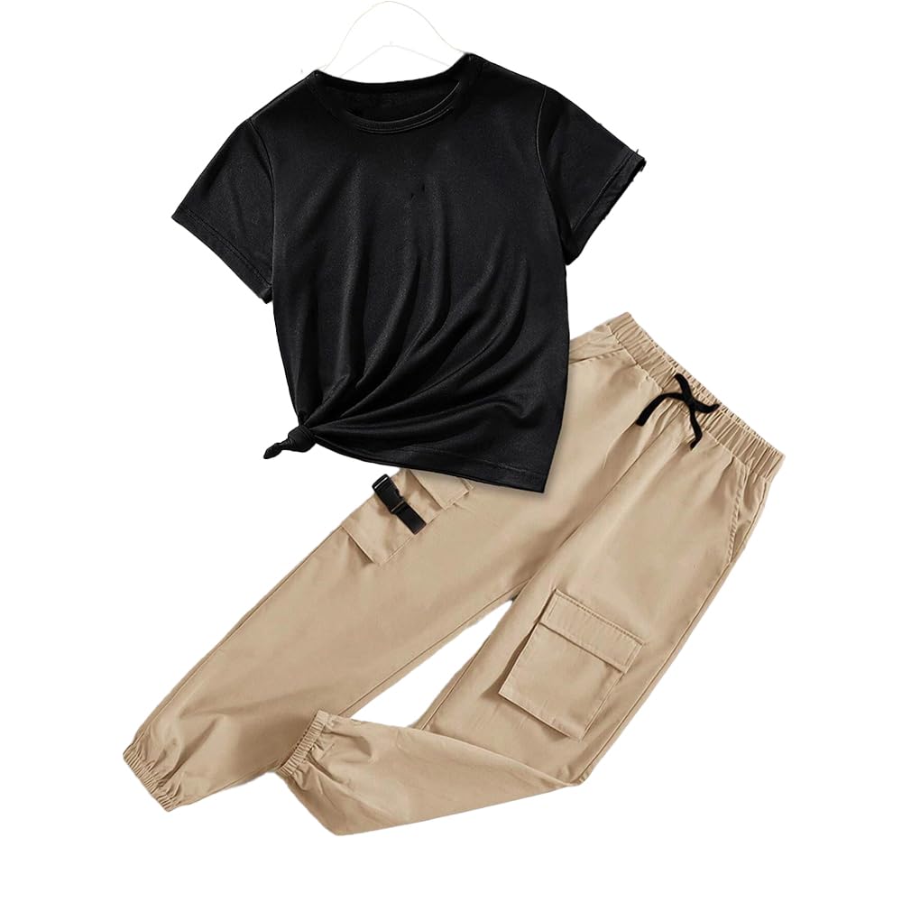 Wholesale Girls' Summer 2 Piece Outfit Pants kit, Round Neck Short-Sleeve Knot T-shirt and Khaki Drawstring Work Pants 2 Pockets